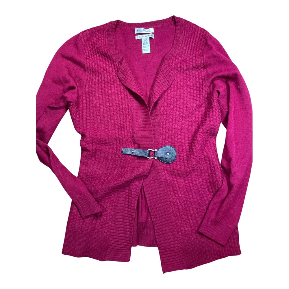 Susan Bristol Merino‎ Wool Cardigan Womens M Magenta Textured Open Front Buckle